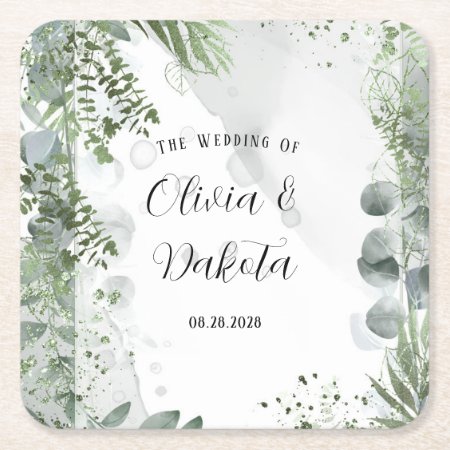 Elegant Eucalyptus Greenery Alcohol Ink Wedding Square Paper Coaster