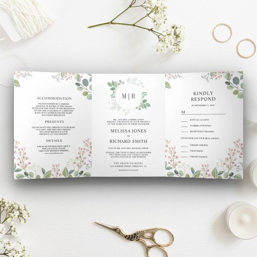 Elegant Eucalyptus Greenery All in One Wedding Tri_Fold Invitation