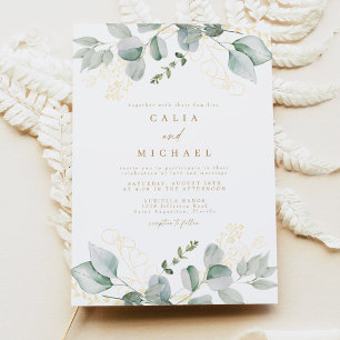 Elegant Eucalyptus Greenery and Gold Wedding Invitation