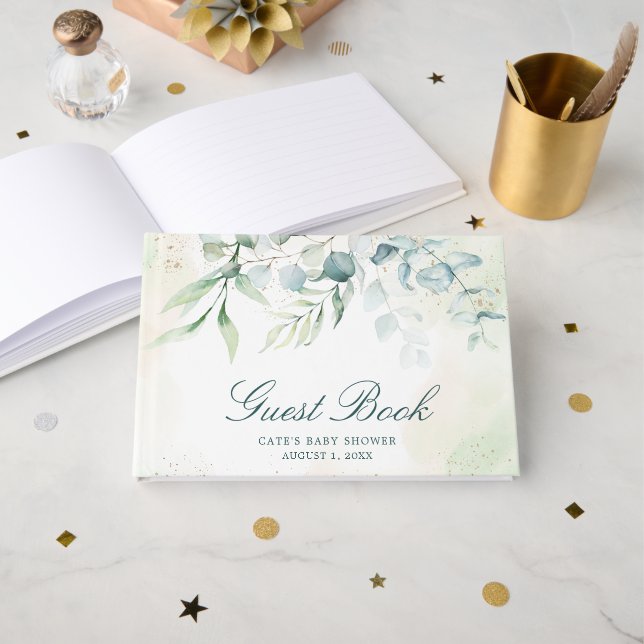 Elegant Eucalyptus Greenery Baby Shower Guest Book (Front Open)