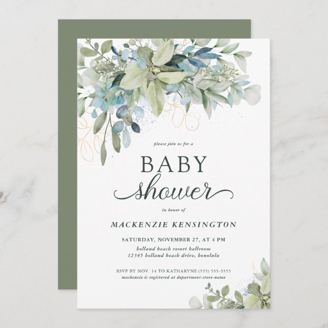 Elegant Eucalyptus Greenery Baby Shower Invitation (Front/Back)