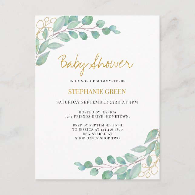 Elegant Eucalyptus Greenery Baby Shower  Invitation Postcard (Front)
