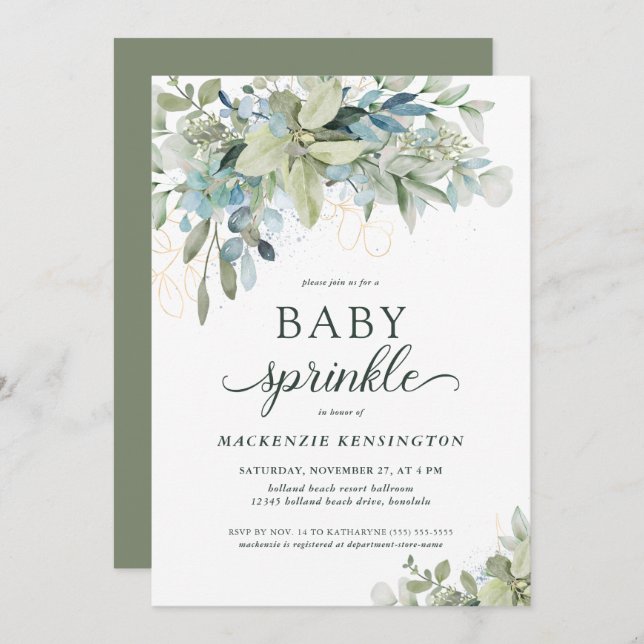 Elegant Eucalyptus Greenery Baby Sprinkle Invitation (Front/Back)