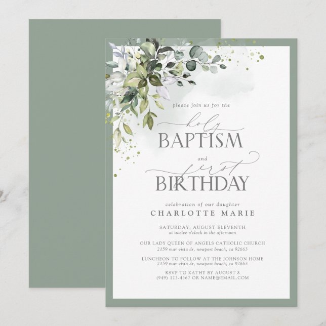 Elegant Eucalyptus Greenery Baptism 1st Birthday Invitation (Front/Back)