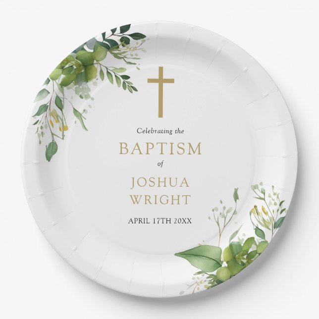 Elegant Eucalyptus Greenery Baptism Christening Paper Plates (Front)