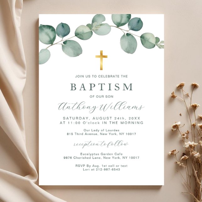 Elegant Eucalyptus Greenery Baptism Invitation  (Baptism Invitation)