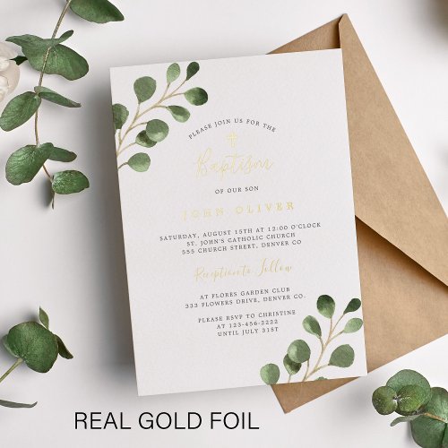 Elegant eucalyptus greenery Baptism real gold Foil Invitation