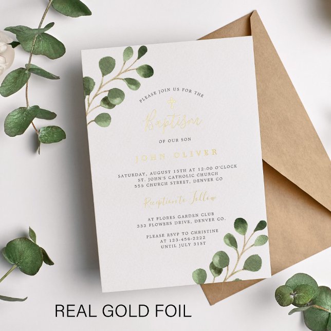 Elegant eucalyptus greenery Baptism real gold Foil Invitation (Creator Uploaded)