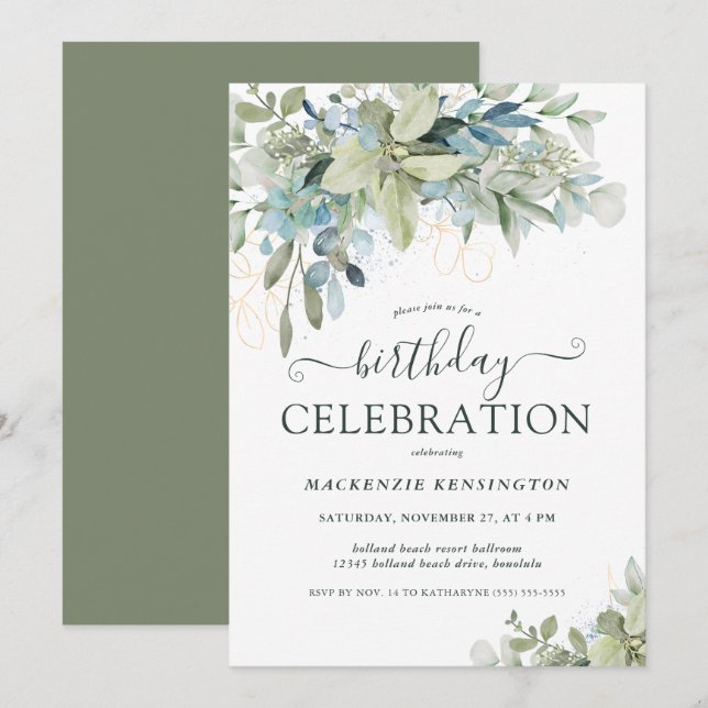 Elegant Eucalyptus Greenery Birthday Celebration  Invitation (Front/Back)