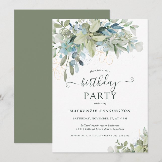 Elegant Eucalyptus Greenery Birthday Party Invitation (Front/Back)