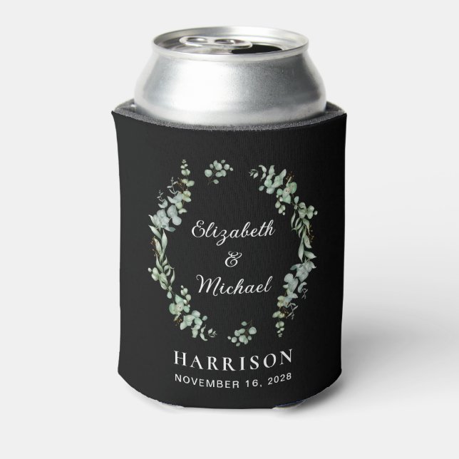Elegant Eucalyptus Greenery Black Wedding Favor Can Cooler (Can Back)