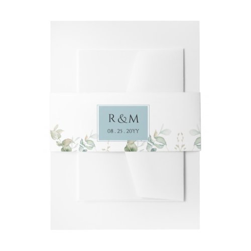 Elegant Eucalyptus Greenery Blue Wedding Monogram Invitation Belly Band