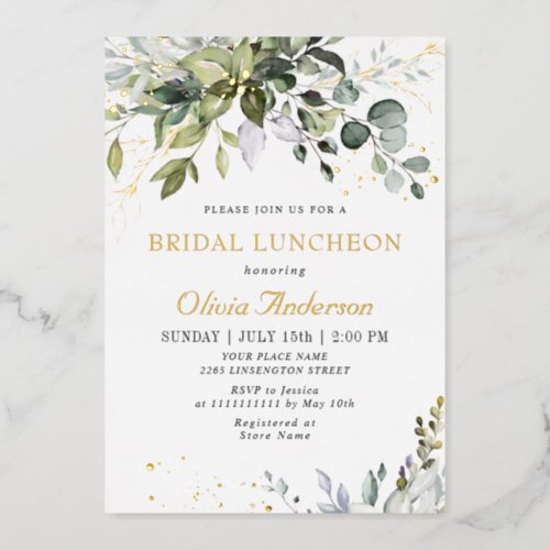 Elegant Eucalyptus Greenery BRIDAL LUNCHEON Gold Foil Invitation