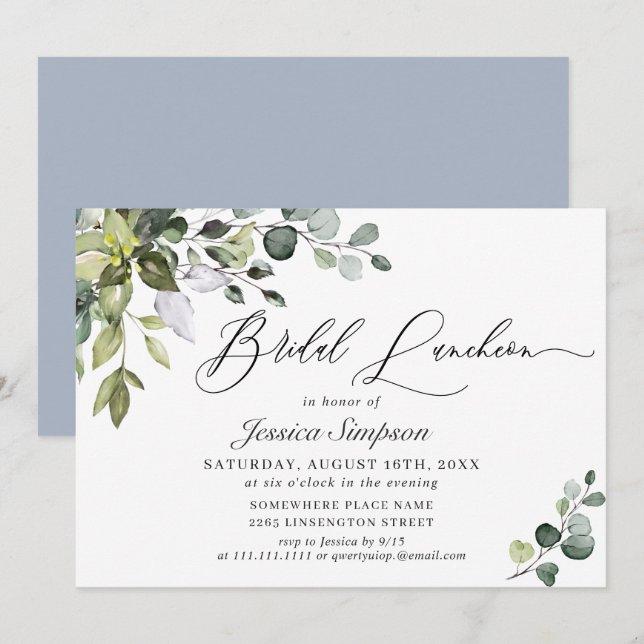 Elegant Eucalyptus Greenery Bridal Luncheon Invitation (Front/Back)