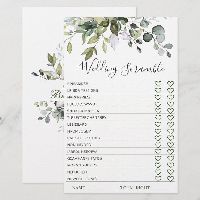 Elegant Eucalyptus Greenery Bridal Shower Game (Front/Back)