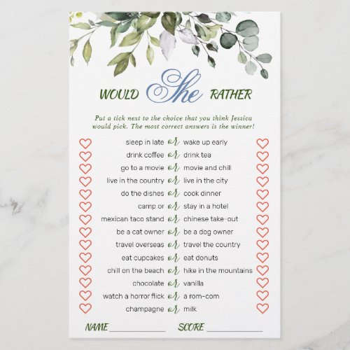 Elegant Eucalyptus Greenery Bridal Shower Game