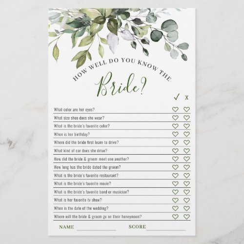 Elegant Eucalyptus Greenery Bridal Shower Game