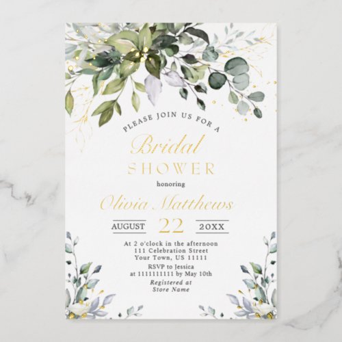 Elegant Eucalyptus Greenery Bridal Shower Gold Foil Invitation