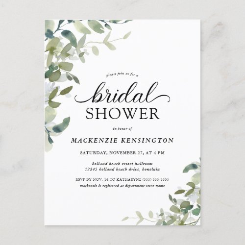 Elegant Eucalyptus Greenery Bridal Shower Invitation Postcard