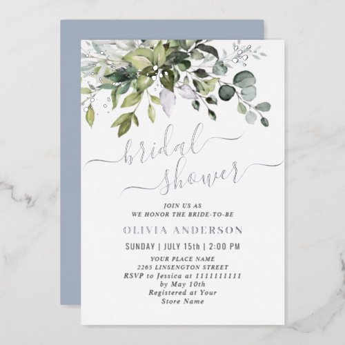 Elegant Eucalyptus Greenery Bridal Shower Silver F Foil Invitation