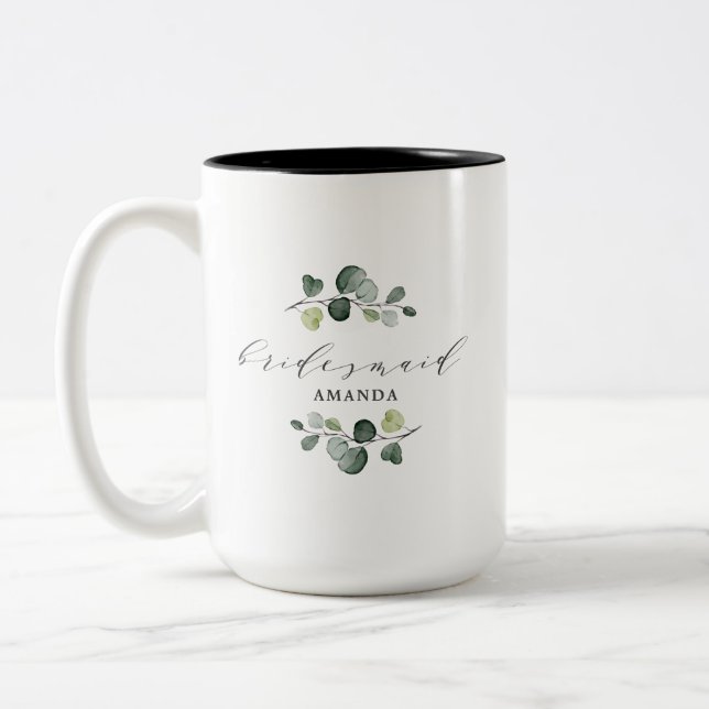 Elegant Eucalyptus Greenery Bridesmaid Gift Two-Tone Coffee Mug (Left)