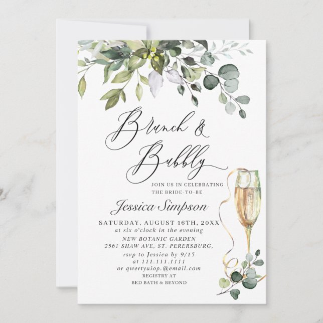 Elegant Eucalyptus Greenery Brunch & Bubbly PHOTO Invitation (Front)