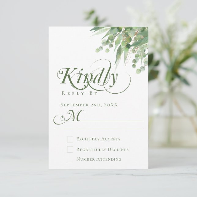 Elegant Eucalyptus Greenery Calligraphy Wedding RSVP Card (Standing Front)