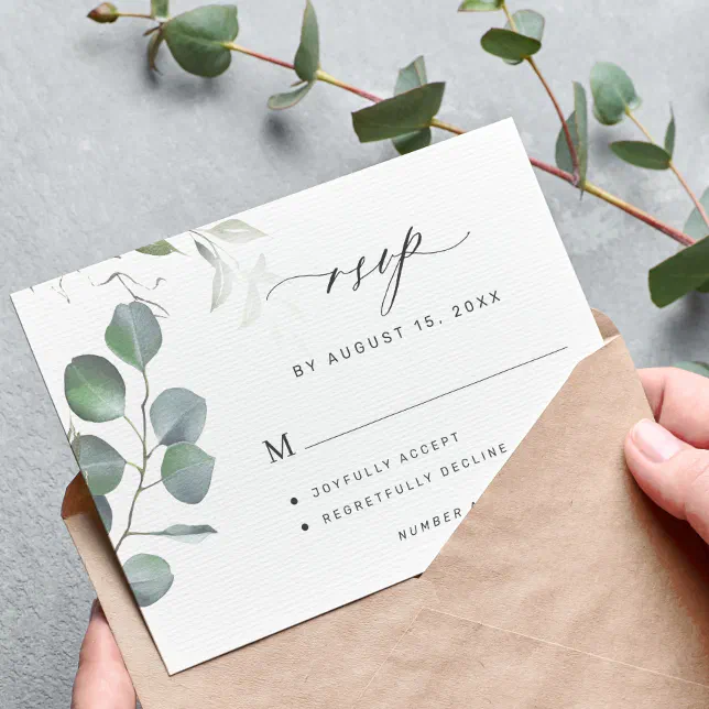 Elegant eucalyptus greenery chic wedding RSVP card | Zazzle