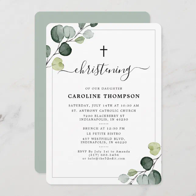 Elegant Eucalyptus Greenery Christening Invitation | Zazzle