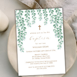 Elegant Eucalyptus Greenery Cross Baptism Invitation