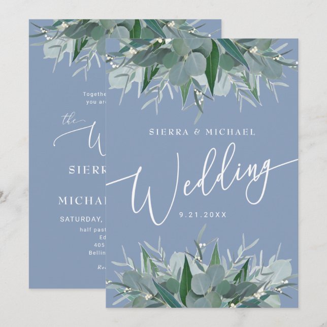 Elegant Eucalyptus Greenery Dusty Blue Wedding Invitation (Front/Back)