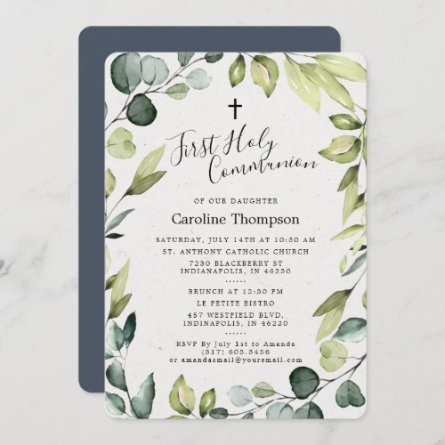 Elegant Eucalyptus Greenery First Holy Communion Invitation