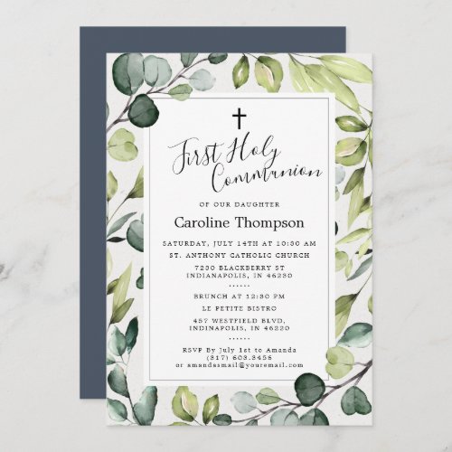 Elegant Eucalyptus Greenery First Holy Communion Invitation