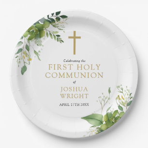 Elegant Eucalyptus Greenery First Holy Communion Paper Plates