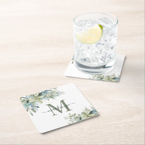 Elegant Eucalyptus Greenery Floral Monogram Square Paper Coaster