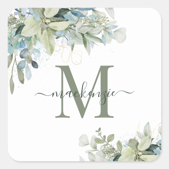 Elegant Eucalyptus Greenery Floral Monogram Square Sticker (Front)