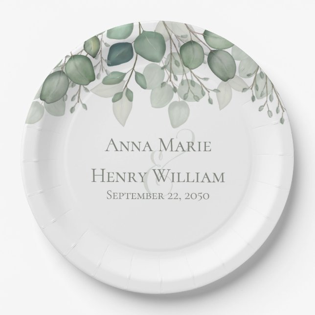 Elegant Eucalyptus Greenery Foliage Leaves Paper Plates (Front)