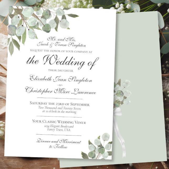 Elegant Eucalyptus & Greenery Formal Wedding Invitation (Front/Back)