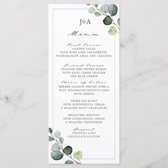 Elegant Eucalyptus Greenery Four Course Menu (Front)