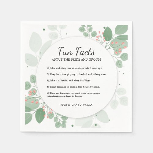 Elegant Eucalyptus Greenery Fun Facts Wedding Napkins