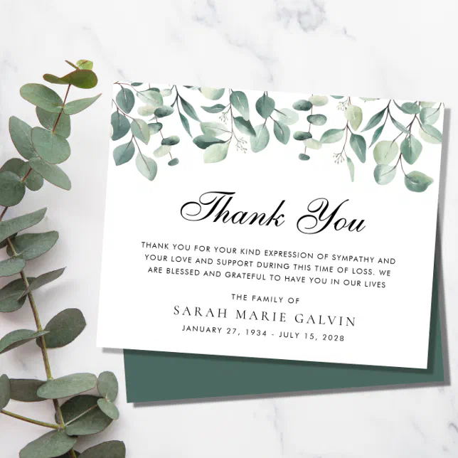 Elegant Eucalyptus Greenery Funeral Thank You Card | Zazzle