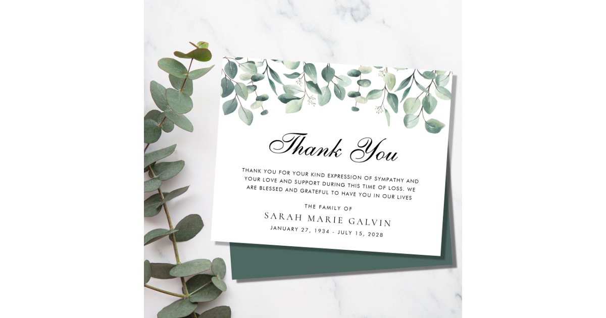 Elegant Eucalyptus Greenery Funeral Thank You Card | Zazzle