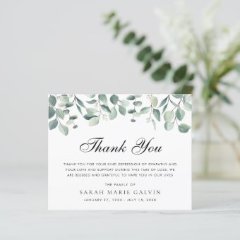 Elegant Eucalyptus Greenery Funeral Thank You Card | Zazzle