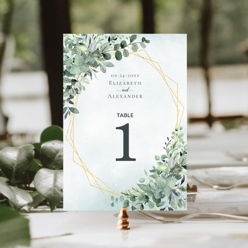 Elegant Eucalyptus Greenery Geometric Wedding Table Number