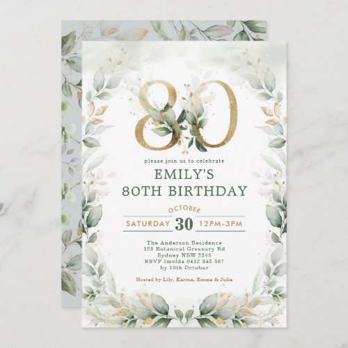 Elegant Eucalyptus Greenery Gold 80th Birthday Invitation
