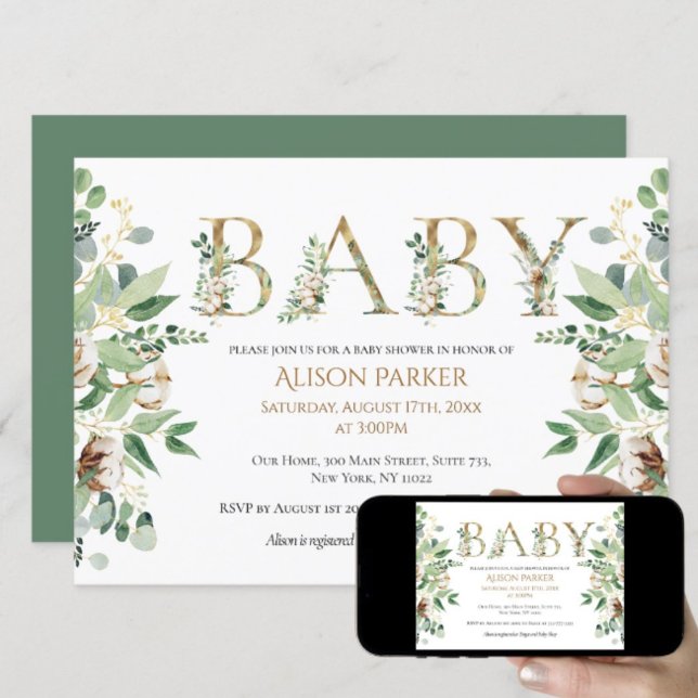Elegant Eucalyptus Greenery Gold Alphabet Invitation (Creator Uploaded)