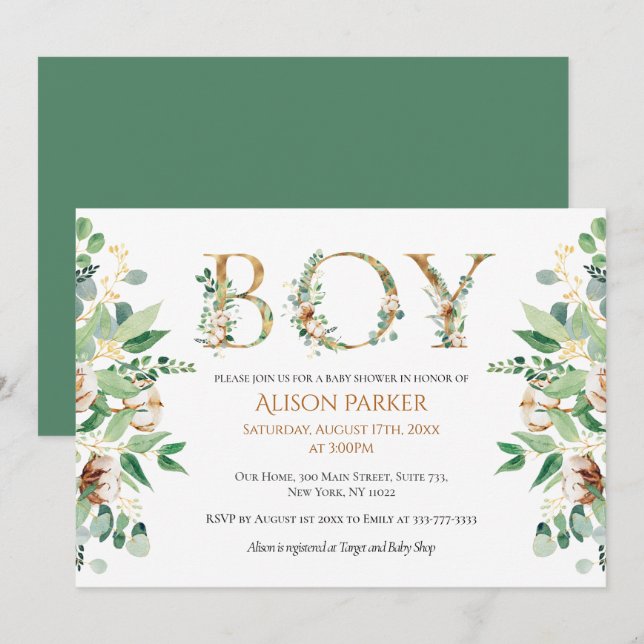 Elegant Eucalyptus Greenery Gold Baby Boy Shower Invitation (Front/Back)