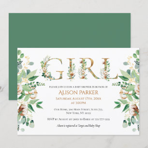 Elegant Eucalyptus Greenery Gold Baby Girl Shower Invitation