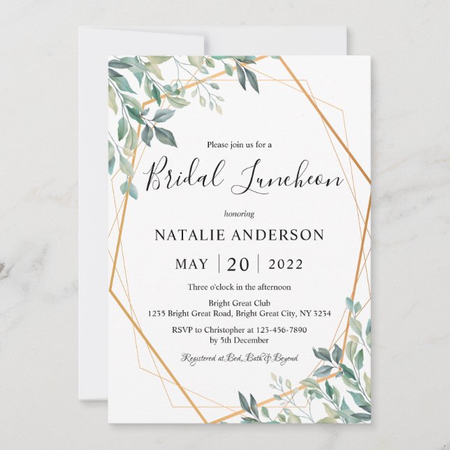 Elegant Eucalyptus Greenery Gold Bridal Luncheon Invitation (Front)