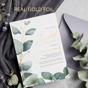Elegant eucalyptus greenery gold bridal shower foil invitation